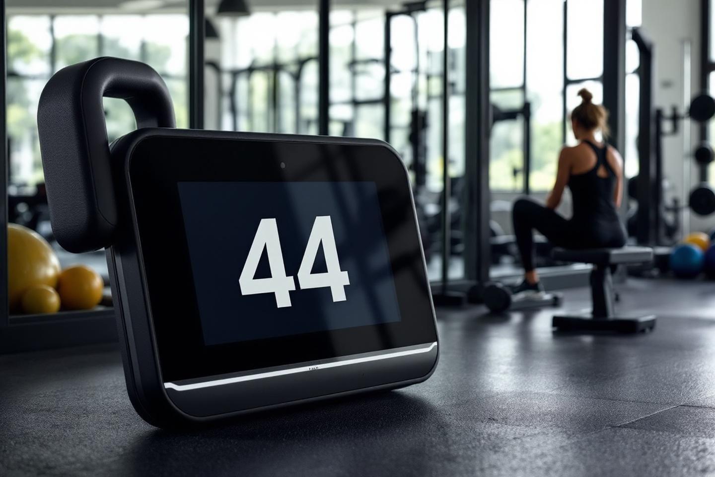 Écran digital avec numéro 44 dans une salle de sport