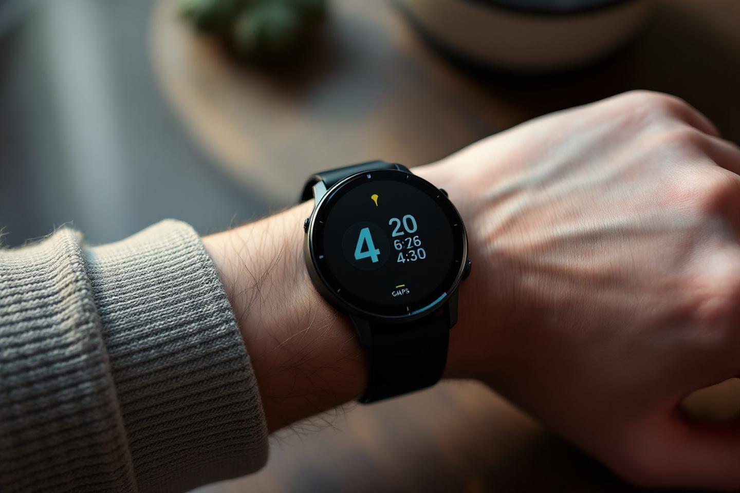Gros plan sur une montre connectée noir avec écran bleu