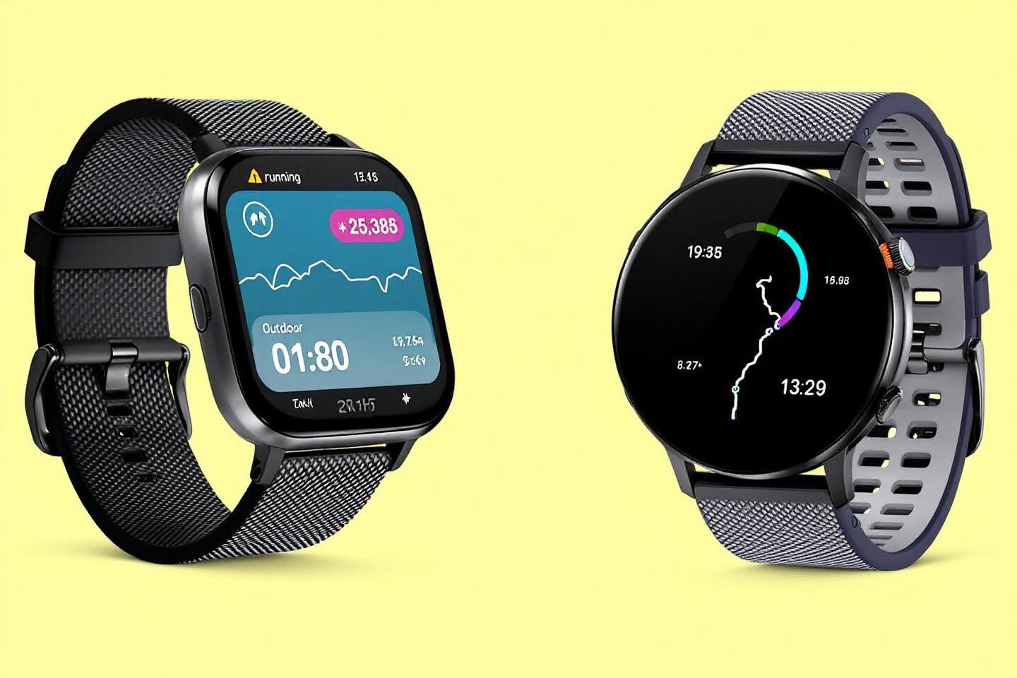 Deux montres intelligentes avec écrans affichant des données d'entraînement
