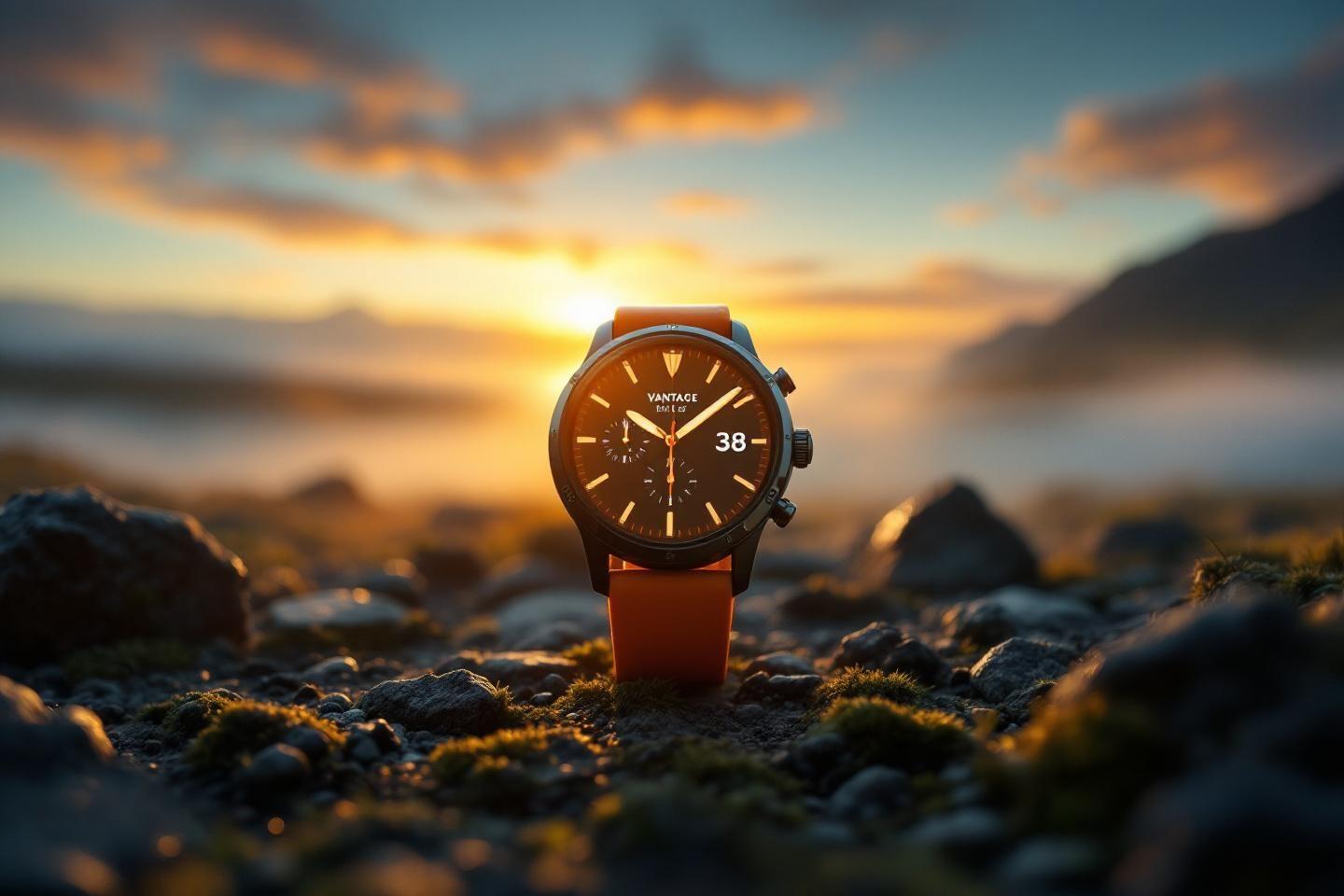 Montre Vantage posée sur des rochers avec un coucher de soleil