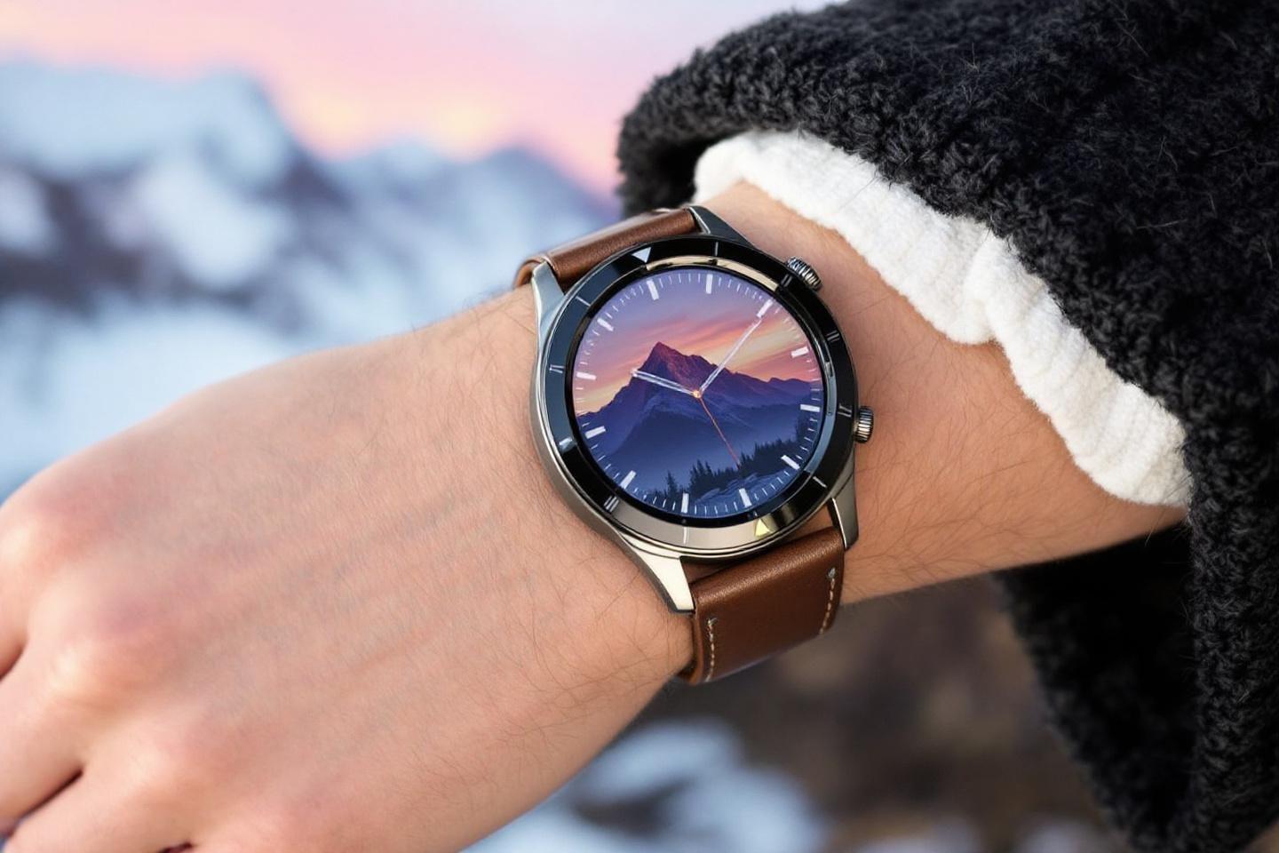 Montre avec cadran affichant un paysage de montagne au crépuscule