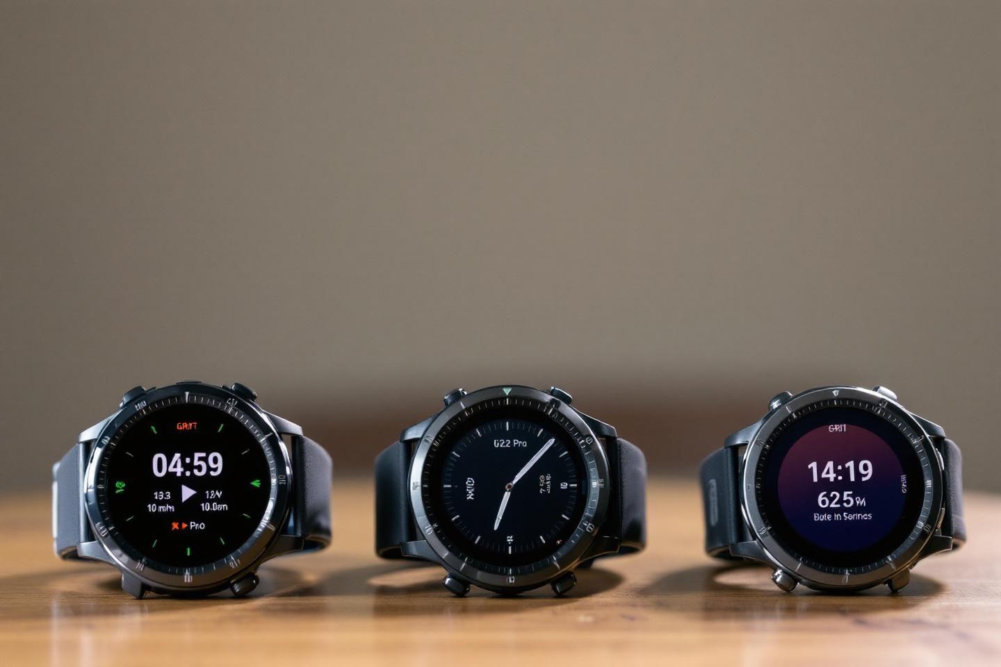Trois montres intelligentes modernes alignées sur une surface en bois