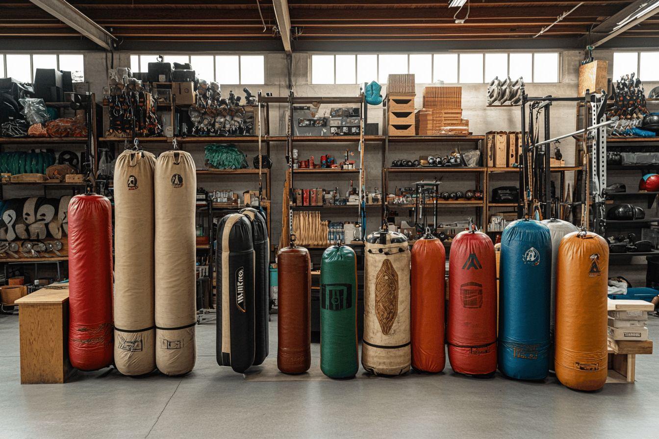 Rangée de sacs techniques colorés dans un atelier industriel