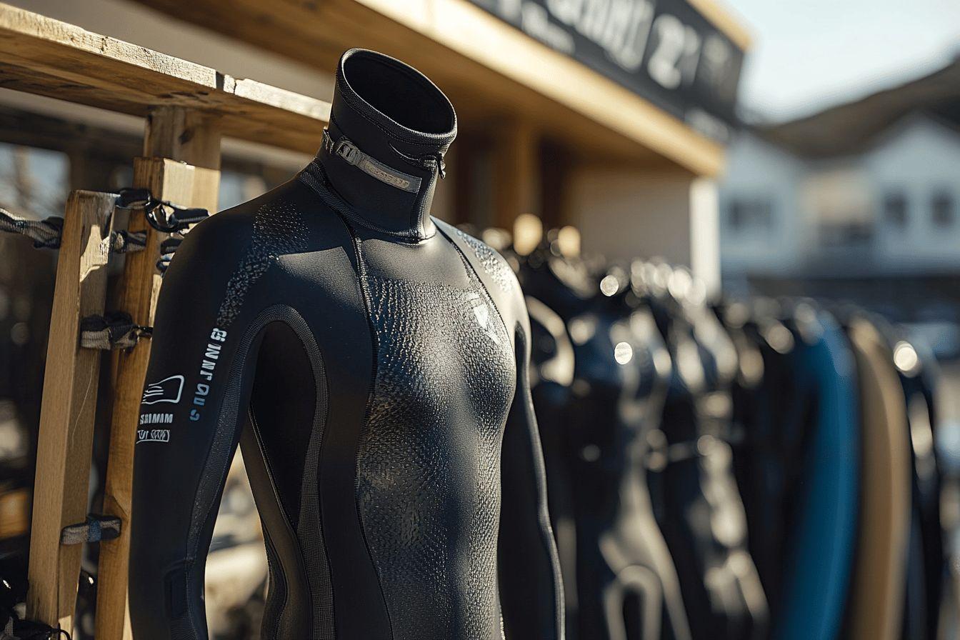 Combinaison néoprène noir mat sur support en bois, arrière-plan flou