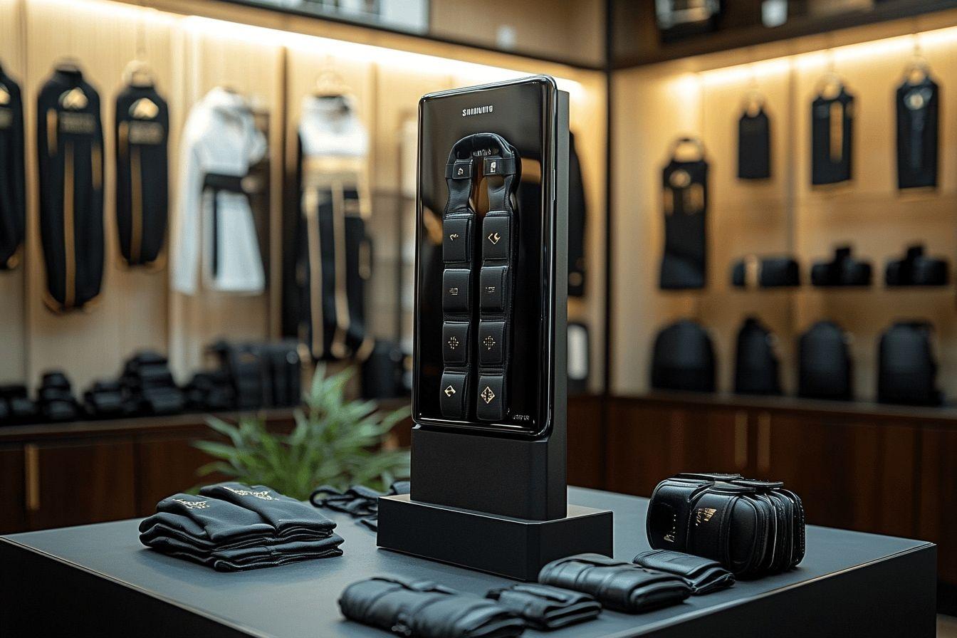 Serrure numérique Samsung avec accessoires sur comptoir sombre