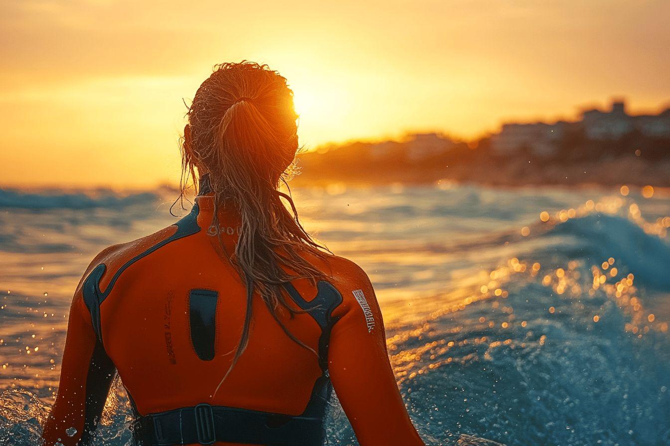 Surfeur de dos dans un wetsuit orange, vagues et lumière dorée