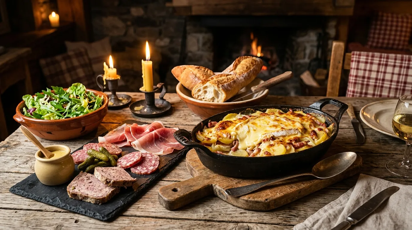 Table rustique avec charcuterie, gratin, pain et salade devant cheminée allumée