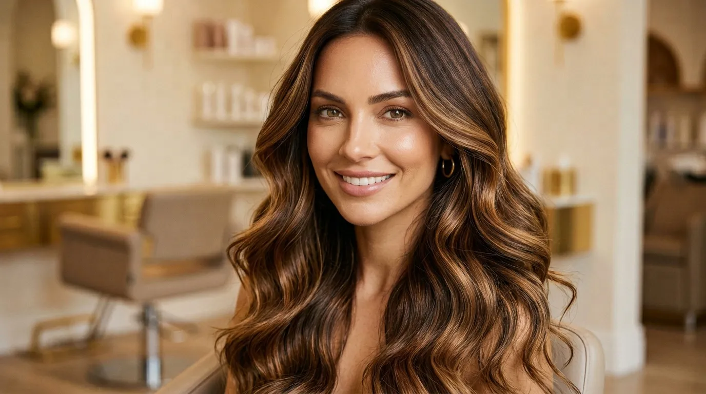 Femme brune souriante dans un intérieur moderne et élégant